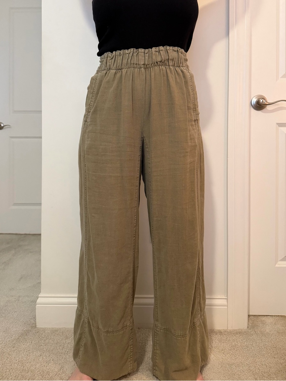 Free People Olive Green Wide-Leg Paperbag Waist Pants